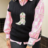 Woman with blonde hair standing in a front profile position wearing the Kodi Vest in a lifestyle scene. The focal point of this image is the embroidered boot on front of top. The model paired this with dark-wash denim jeans and the Jesse Top.