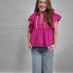 Pink Blouse with White Polka Dots, ruffle sleeve and buttons down front. 