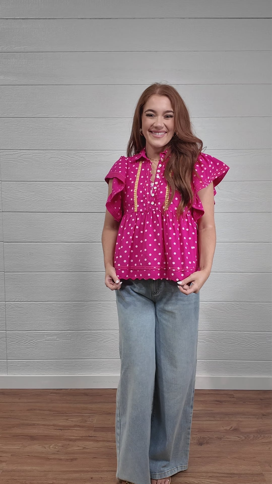 Pink Blouse with White Polka Dots, ruffle sleeve and buttons down front. 