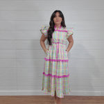 Plaid tiered dress with ruffles and pockets. 